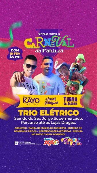 Prefeitura de Floriano promoverá Carnaval da Família neste domingo (19)